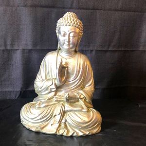 Buddha mudras open hands; distressed antique look silver; heavy engineered stone